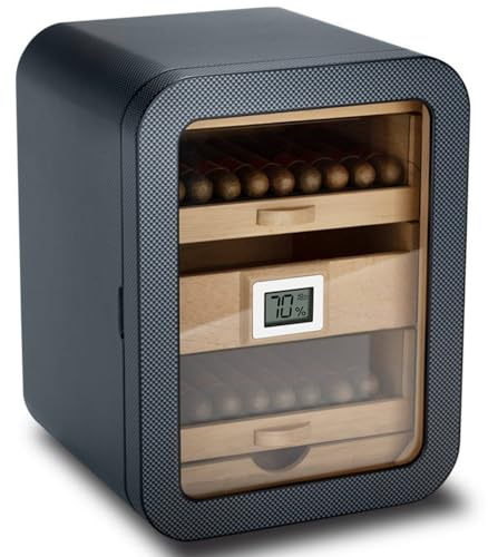 Humidor eléctrico para puros, capacidad para 110 puros, fabricado en madera de cedro con higrómetro digital y humidificador, cajones con estantes de cedro español y tapa de cristal CarbonFiber--B