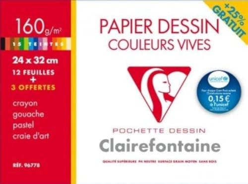CLAIREFONTAINE Pochette dessin couleurs vives 24x32 12F + 3 offertes 160g