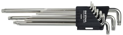 SW-Stahl 04220SB Winkelschlüsselsatz T-Profil T10-T50 Extra Lang 9-teilig | Chrom-Vanadium-Stahl - Torx Schlüssel Set - Kurzer Schenkel für Enge Stellen - Hohes Drehmoment - Kunststoffhalter