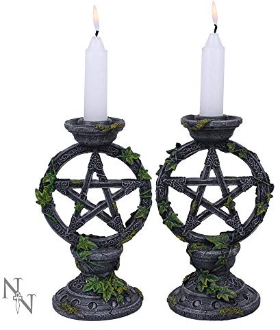 Nemesis Now B2539G6 Wiccan Pentagramm Kerzenständer Set mit 2 Kerzenhaltern 15 cm schwarz Harz