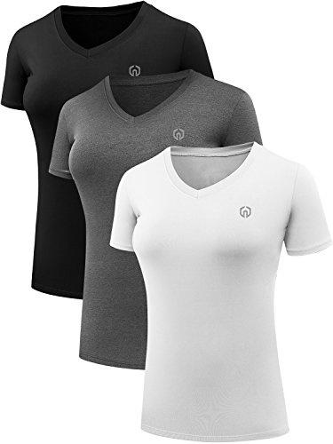 NELEUS Women's 3 Pack V Neck Compression Running Shirt,8016,Black,Grey,White,US S,EU M