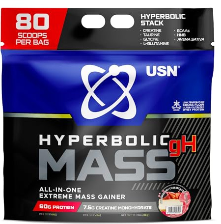 USN Hyperbolic Mass Strawberry Cheesecake 6kg: High Calorie Mass Gainer Protein Powder for Muscle Building and Weight Gain - Improved Formula & Flavour with 7.5g Creatine Monohydrate and Less Sugar