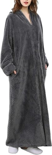 Accappatoio lungo da donna in pile con cerniera, Grigio, XL