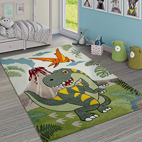 Paco Home Kinderzimmer Teppich Grün Dinosaurier Dschungel Vulkan 3-D Effekt Kurzflor, Grösse:80x150 cm
