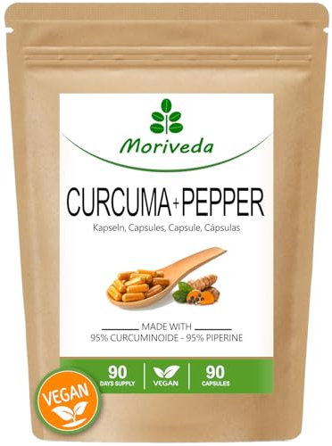 Capsules de curcuma au poivre - extrait de 10 000 mg de curcuma, curcumine et pipérine - approvisionnement de 3 mois - végétalien et sans gluten - 1x 90 pièces