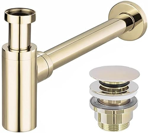 VBChome Sifón de lavabo + Click Clack Dorado Universal Moderno Diseño Elegante Diseño Alta Calidad Sifón Botella Sifón Fácil y Rápido Montaje Top Calidad