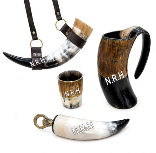 Taza vikinga de cuerno de buey, vaso de chupito, cuerno con correa de cuero y abridor de botellas (juego de 4 piezas) Auténtica jarra de ala, mead y cerveza | Acabado natural