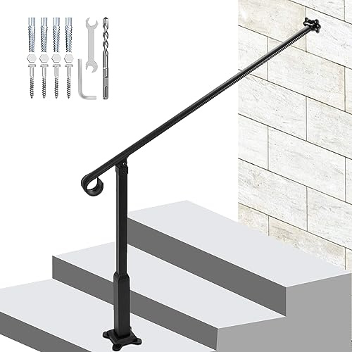 Step Handrail Fit 2-3 Steps Wall-to-Floor Mounted Wrought Iron Handrail Used on Porch Steps, Or Stairs Leading from The Garage into The House