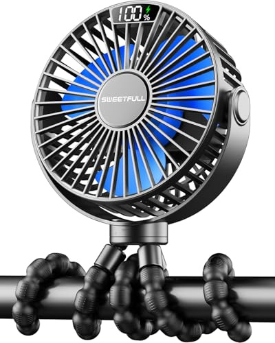 SWEETFULL Portable Stroller Fan with LED Display, 4 Speed Rechargeable Mini Clip On Fan, 360° Rotate Flexible Tripod Better Cooling Small Baby Fan for Car Seat Crib Travel Bike Treadmill (Black)