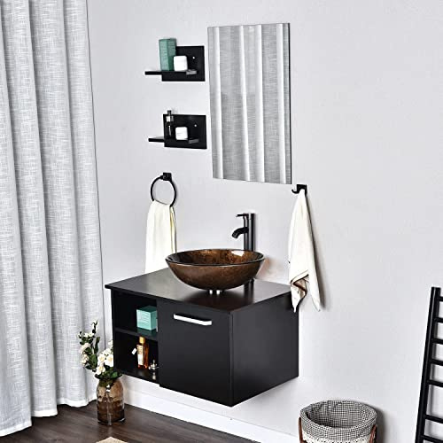 YU YUSING Ensemble de Meubles de Salle de Bain avec Lavabo Rond et Miroir, Armoire de Rangement Blanc, 2 Étagères Murales, Vasque à Poser, Ensemble de Robinets, Marron