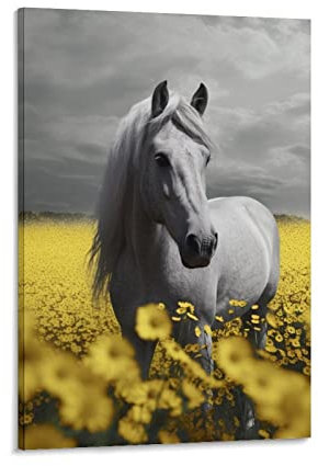 KONIEE Weißer Hengst Busch Leinwandkunst Poster Chrysanthemen Wildnis Natur Tier Thema Wandposter Schlafsaal Dekor Malerei Kunst