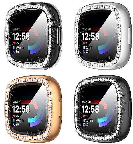 Diruite 4-Stück Schutzfolie für Fitbit Versa 4/Sense 2 Schutzhülle, HD Stoßfestes Weiche TPU Cover Vollschutz Display Schutz Hülle Schutz Case,Schwarz&RoséGold&Silber&Transparent(Diamanten)
