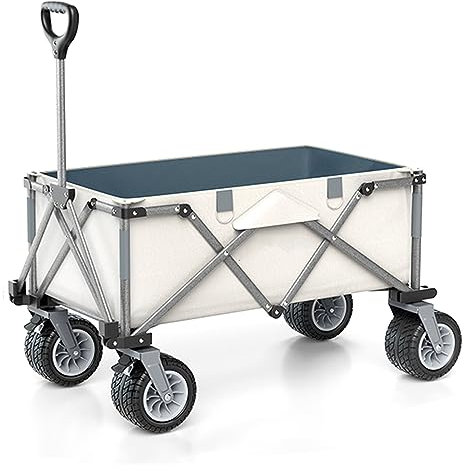 WRJAHCG Weiss Bollerwagen Faltbar,Faltbar Garten Handwagen Breite Reifen Transportwagen Mit Verstellbarem Griff Campingwagen Faltbrett Offroad-Räder Mit Bremsen Campingwagen