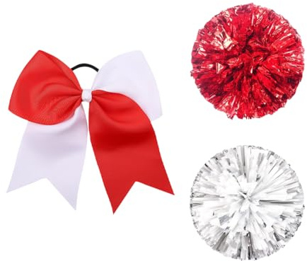 JIHUOO 2 Pcs Metallic Foil Pom Poms Cheerleading Pom Poms Team Spirit Pom Poms Sports Fan Pom Poms with Cheerleading Hair Bows Cheerleader Costume Accessories Red and White