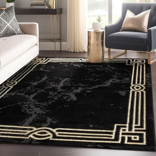 Well Woven Lezlee Abstract Modern 160 x 220 cm (5'3 x 7'3) Area Rug Black Gold Marble Border - for Living Room, Dining Room, Bedroom