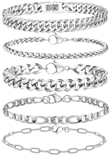 Cinsersr 5 Stück Edelstahl Armbänder - Herren Silber Schmuck, Stapelbar, Geeignet für Papa und Freund