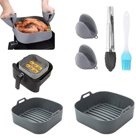 NCCHDZSW Accessori Friggitrice ad Aria 5 Pack Silicone Friggitrice ad Aria con 2 Guanto da Silicone e Pinze e Spazzola in Silicone, Cestino Fritto in Silicone per Friggitrici ad Aria Forni Microonde