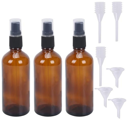 Luabue 3PCS 100ml Marrone Bottiglie Spray Bottiglie Flaconi spray di vetro ambra vuote da 100ml con pipette e imbuti per aromaterapia Profumo medicina Olio Essenziale e Alcool