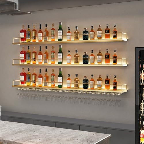 New and Improved Gold Wall Mounted Liquor Shelf with Wine Glass Rack Ideal for Home Bar Kitchen or Restaurant Stylish and Practical Iron Shelf for Organizing Liquor and Glassware