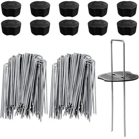 100 Ancoraggi a Terra + Disco Tampone, Ancoraggi a Terra Antiruggine, Clip in Acciaio Zincato, Picchetti, Chiodi a Terra a Forma Di U, Picchetti Da Giardino per Vello Erbacce, Recinzione, Campeggio
