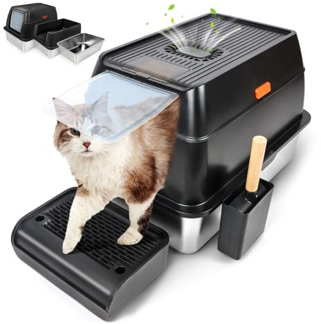 Kalolary Arenero Gato de Acero Inoxidable con Cubierto, Arenero Gato Grande XXL, Extraíble Arenero Cerrado para Gato con Doble Entrada Frontal y Superior,Fácil Limpieza (Negro)