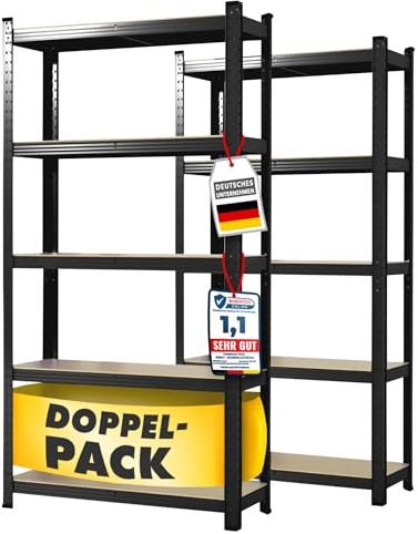 etm Schwerlastregal 2-er Pack 200 x 120 x 60 cm schwarz | Steckregal, Lagerregal, Standregal, Stecksystem ohne Werkzeug montierbar (Lakota, schwarz)