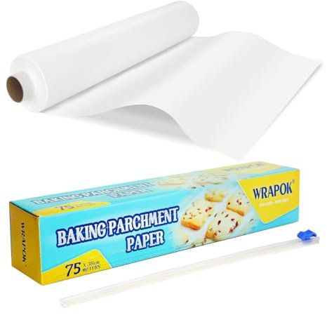 WRAPOK 1 x Baking Parchment Paper Roll Greaseproof Cooking Sheets White Non-Stick Pre-Cut Liners for Kitchen Home, 38 cm x 75 m