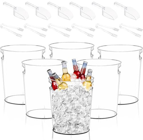 6 Set Plastic Ice Buckets for Parties Clear Wine Bucket with Plastic Utility Ice Scoop Serving Tongs Large Wine Chiller Champagne Bucket Round Beverage Tub Bottle Drink Cooler with Handles (4 L)