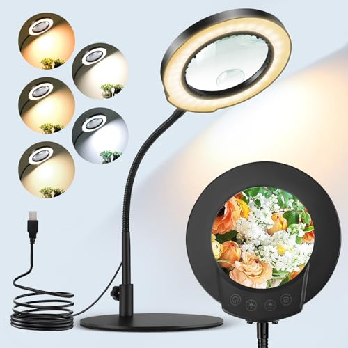 Nastopee Lupe mit Licht und Ständer, 10-fache Vergrößerung, 5-Farbmodi und 5-Helligkeits-Dimmbare Schreibtischlampe, Handsfree, flexible Schwanenhals-Lupe zum Lesen und