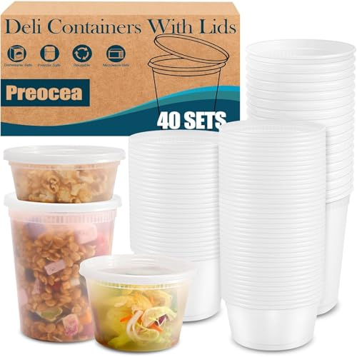 Preocea 40 Pack Deli Containers With Lids, Soup Container, 8oz, 16oz, 32oz | Deli Food Storage Containers, Leakproof Heavy-Duty Container, Microwave Freezer Dishwasher Safe, for Food Storage, Combo Set