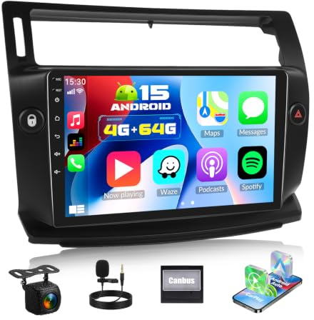 para Citroen C4 2004-2009, Android 15, 4G+64G GOHHDL Radio de Coche para Citroen C4 con Carplay Inalámbrico Android Auto, Radio Táctil de 9 Pulgadas 2Din con GPS WiFi Bluetooth FM/RDS SWC Cámara&Mic