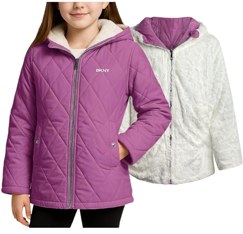 DKNY Reversible Girls Winter Coat - Heavyweight Quilted Jacket with Sherpa Lining Hooded Puffer Jacket Winter Coats for Girls, Size 14-16, BERRY