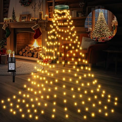 Euakee Luci Albero di Natale, 2 m bianco caldo, 16 ghirlande con 400 LEDs Lucine, 8 Modalità, IP44 impermeabile con Anello per Albero di Natale (150-240cm) Decorazioni per Interno Esterno (A)