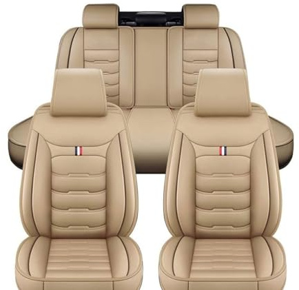 MaKeMoney Auto Sitzbezüge Set FüR BMW Serie 3 320d E90 320i E90 325i E90 330d E90 330xd E90, Leder Atmungsaktiv rutschfest Sitzschoner Innenraum Zubehör,B/Beige
