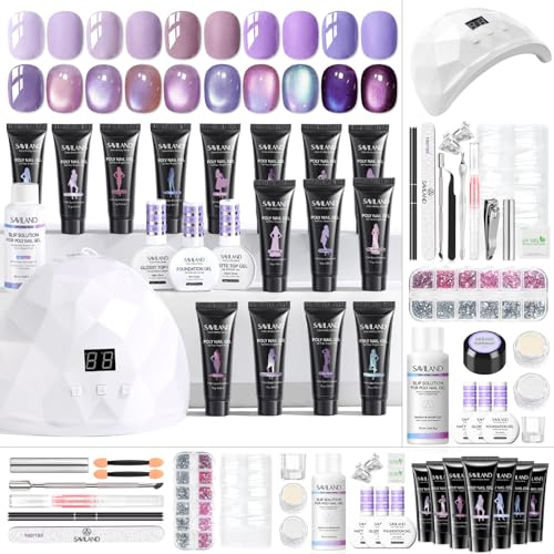 Saviland Color Artistry Glow & Go Poly Nail Gel Set: 15 Violetta Poly Extension Gel Nail Kit, Långvarigt Nagelförlängningsgel Set med Nagellampa och Nagelkonstverktygsset för DIY Cat Eye-naglar