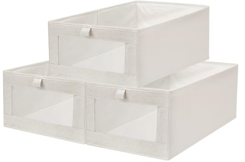 GALOZZOIT 3 PACK Schrank Organizer Kleiderschrank Organizer, Baumwoll-Leinen Aufbewahrungsbox Tragbar Klappbar, Aufbewahrungsboxen für Kleider, Bettwäsche, Spielzeug, Saisonkleidung, Beige