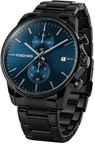 PINDOWS Schwarze Herrenuhr Minimalistischer Edelstahl Chronograph, Datum | 3ATM wasserdicht; Verstellbares Metallarmband mit Werkzeug; Perfekt für Business und Freizeit; Klares Datum