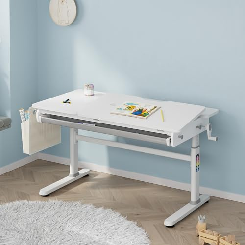 [en.casa] Höhenverstellbarer Schreibtisch für Kinder Kuosa 120 x 60 cm mit Schublade Kinderschreibtisch mitwachsend Kurbel Zeichentisch Metall Grau/Weiß