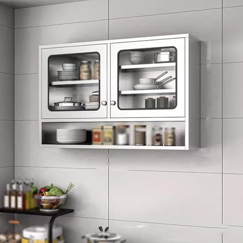 Pensile Sospeso Cucina Con Ante In Vetro Temperato 304 Pensile In Acciaio Inox Ripiani Regolabili Serratura Magnetica Pensiles Bagno Sospeso Per Ufficio, Ripostiglio, Garage(120 * 30 * 70cm)