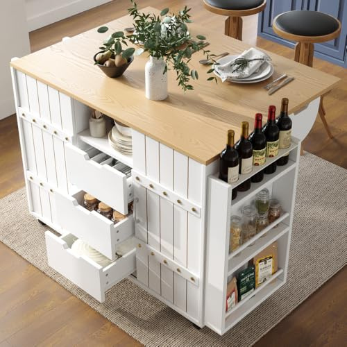 MUZHIXIANG Carrello da cucina bianco con effetto legno e rotelle, carrello da portata con piano di lavoro, ante scorrevoli, cassetti, portaspezie per cucina (bianco + MDF)