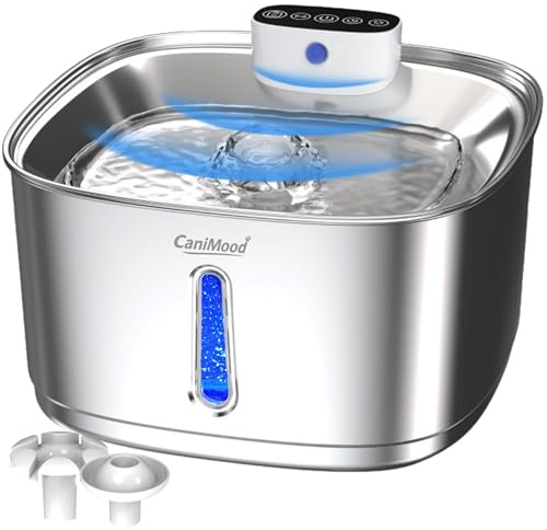 Fontana per l'acqua senza fili CaniMood da 3,2 litri per cani e gatti – Ultra silenziosa con sensore di movimento, filtrazione continua, LED, acciaio inossidabile
