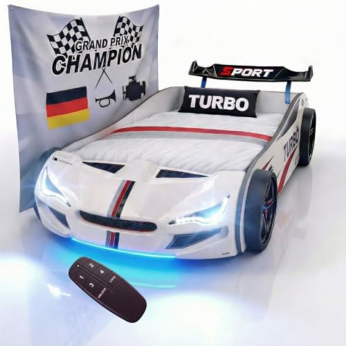 Coemo Autobett GTE Kinderbett 90x200 Rennwagenbett, Farbe Weiß | Sound Hupe Motor, LED-Leuchte Bett Sportwagen-Design Spoiler, Rennwagen Design, Racing-Aufklebern und markanter Fahrzeugfront