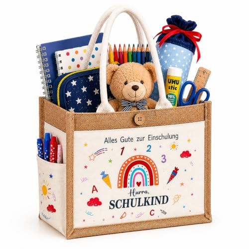 Valenorank Jute Tasche Einschulung Geschenkbeutel mit Seitentaschen
