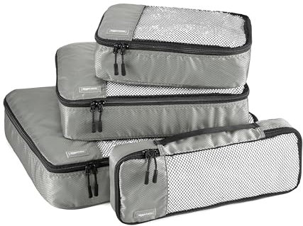 Amazon Essentials 4-teiliges Packwürfel-Reisezubehörset, Gepäckorganizer mit Doppelreißverschluss, Netzoberseite, 100% Polyester, klein/mittel/groß/schmal, grau (früher Amazon Basics)