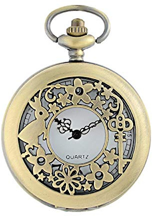 Designer Inspirations Boutique ® Alice in Wonderland Rabbit & Key Filigreed Brushed Bronze Retro/Vintage Case Women's Quartz Pocket Watch Necklace - On 32 Inch / 80cm Chain
