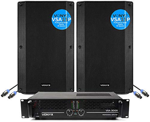 Vonyx VSA15P Passive PA System - 15 DJ Speakers Pair with VXA-3000 Amplifier, 3000W Power Amp and Speaker Cables for Mobile DJ Sound, Events & Live Music
