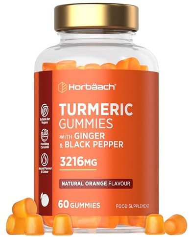 Turmeric Gummies with Black Pepper & Ginger 3216mg | High Strength Curcumin Supplement | 60 Vegan Gummies, Palm Oil Free | Natural Orange Flavour - Tablet Alternative | by Horbaach