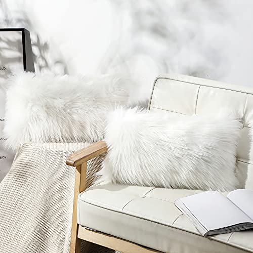 OYIMUA 2Pcs Fundas de Almohada Decorativa Fundas de Almohada de Piel sintética Suave, Pelo Largo Almohada de imitación, sofá Cuddly Cojín de (Blanco, 30 x 50 cm)