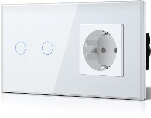 BSEED Lichtschalter mit Schuko Steckdose Glas, unterputz, 16 Amp CEE steckdosentresor, 2 Fach 1 Weg Touch Wandleuchtenschalter Weiss, Flacher wechselschalter, Modern, Wasserdicht Innenschalter