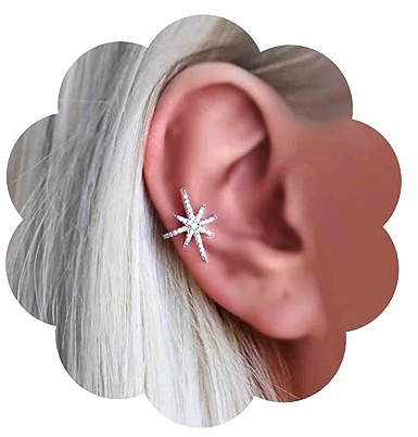 Yheakne Boho Northstar Ear Cuff Earrings Silver Starburst Cuff Wrap Earrings CZ Pave Star Cartilage Cuff Earrings Tiny Non Pierced Clip on Earrings Jewelry for Women and Girls (Silver)